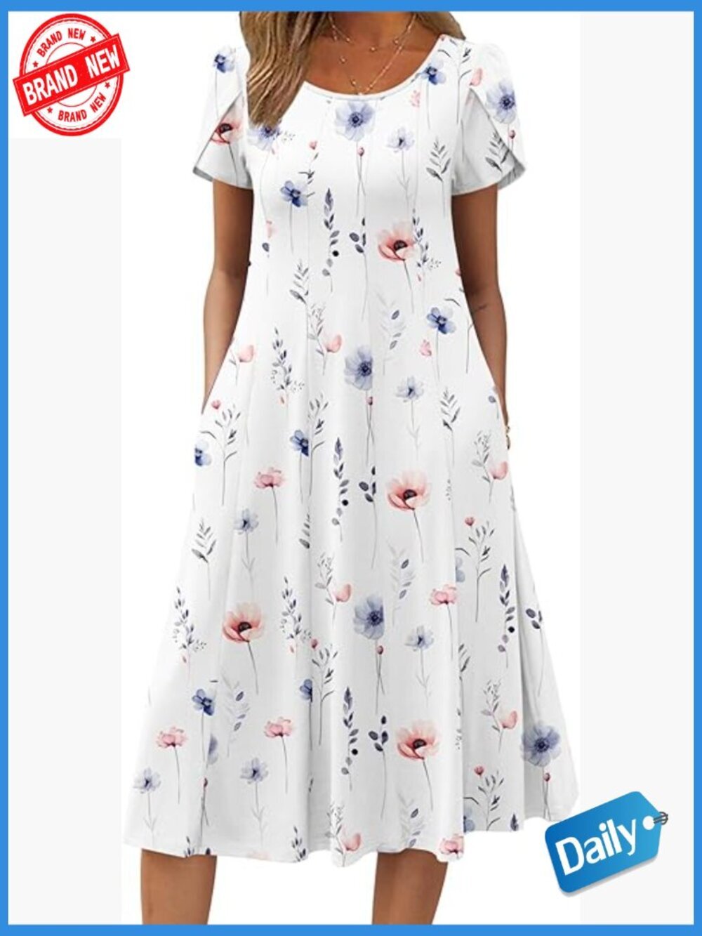 Short Sleeve Flare Midi Dress Summer Casual Flowy Sundress A-Line
